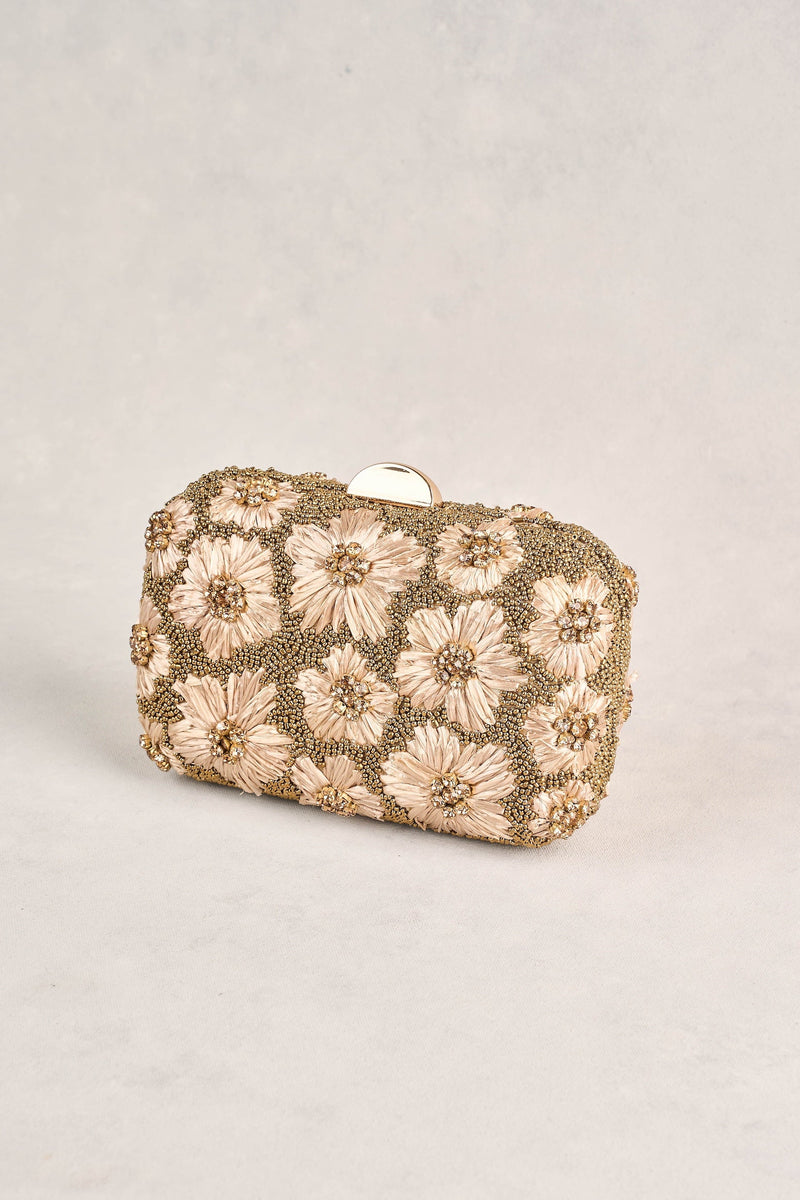 Flower Embellished Clutch - Gold