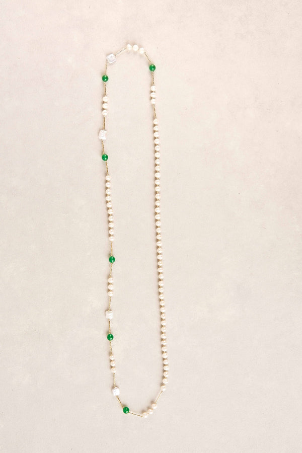 Long Flat Pearl Bead Necklace - Green