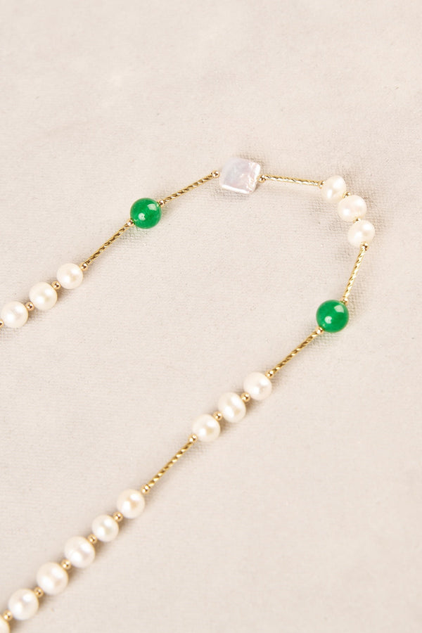 Long Flat Pearl Bead Necklace - Green