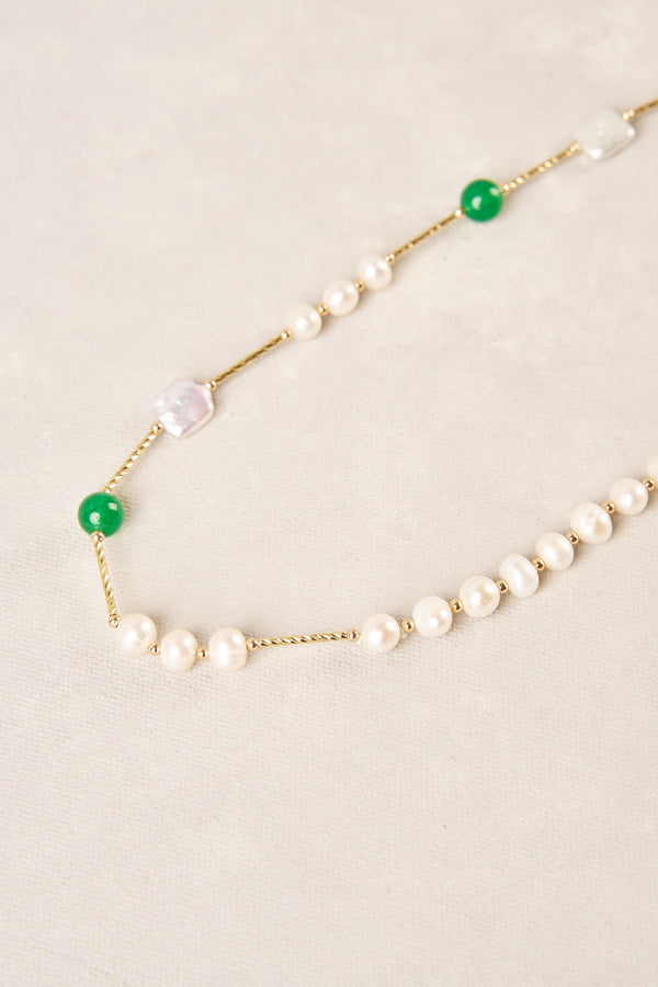 Long Flat Pearl Bead Necklace - Green