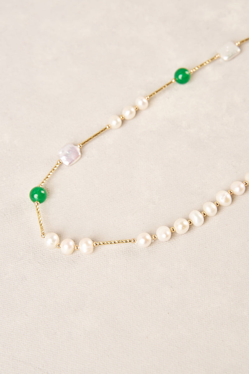 Long Flat Pearl Bead Necklace - Green