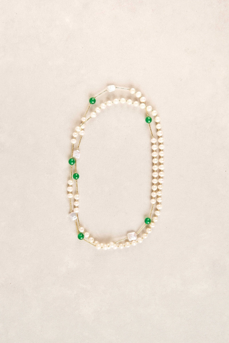 Long Flat Pearl Bead Necklace - Green