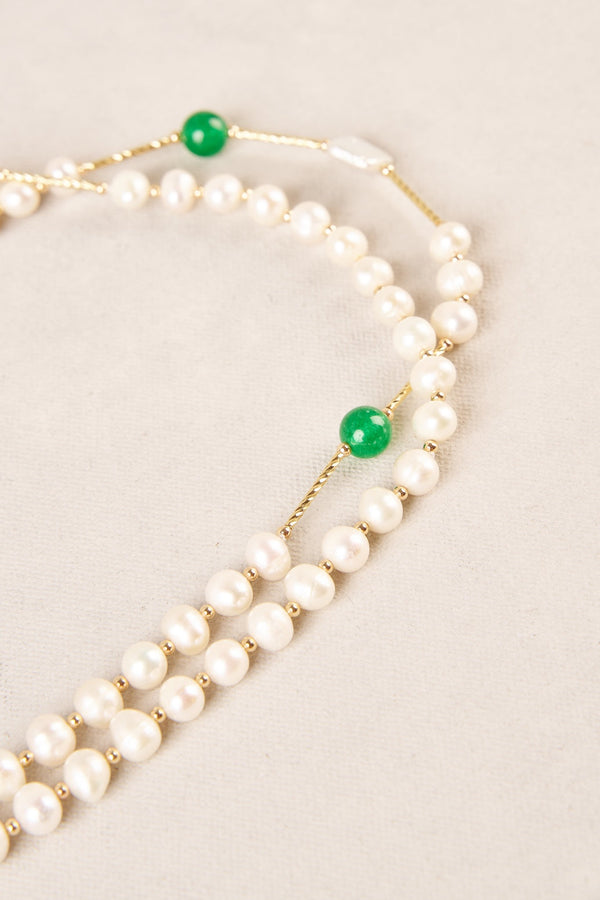 Long Flat Pearl Bead Necklace - Green