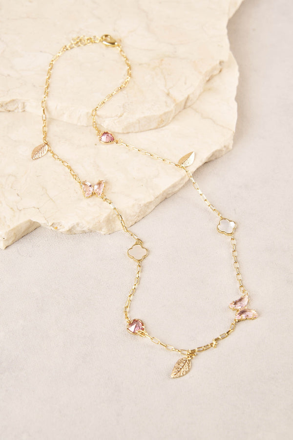 Short Clover & Butterfly Necklace - Light Pink