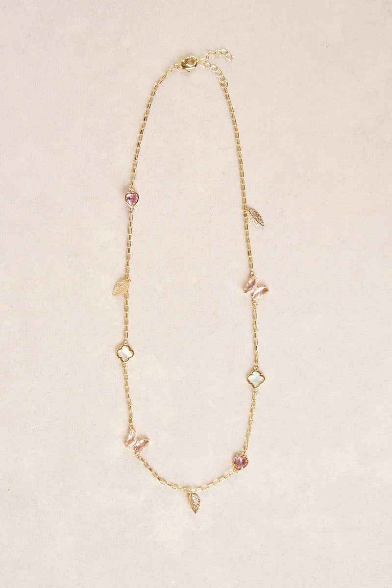 Short Clover & Butterfly Necklace - Light Pink
