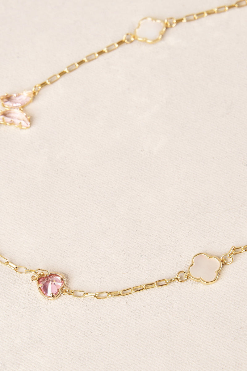 Short Clover & Butterfly Necklace - Light Pink
