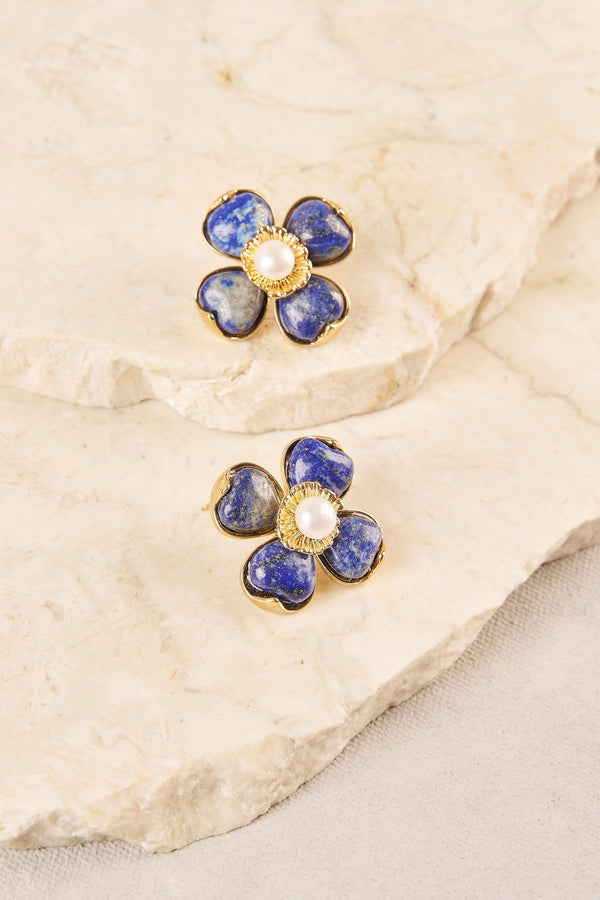 Stone Pearl Flower Earrings - Blue