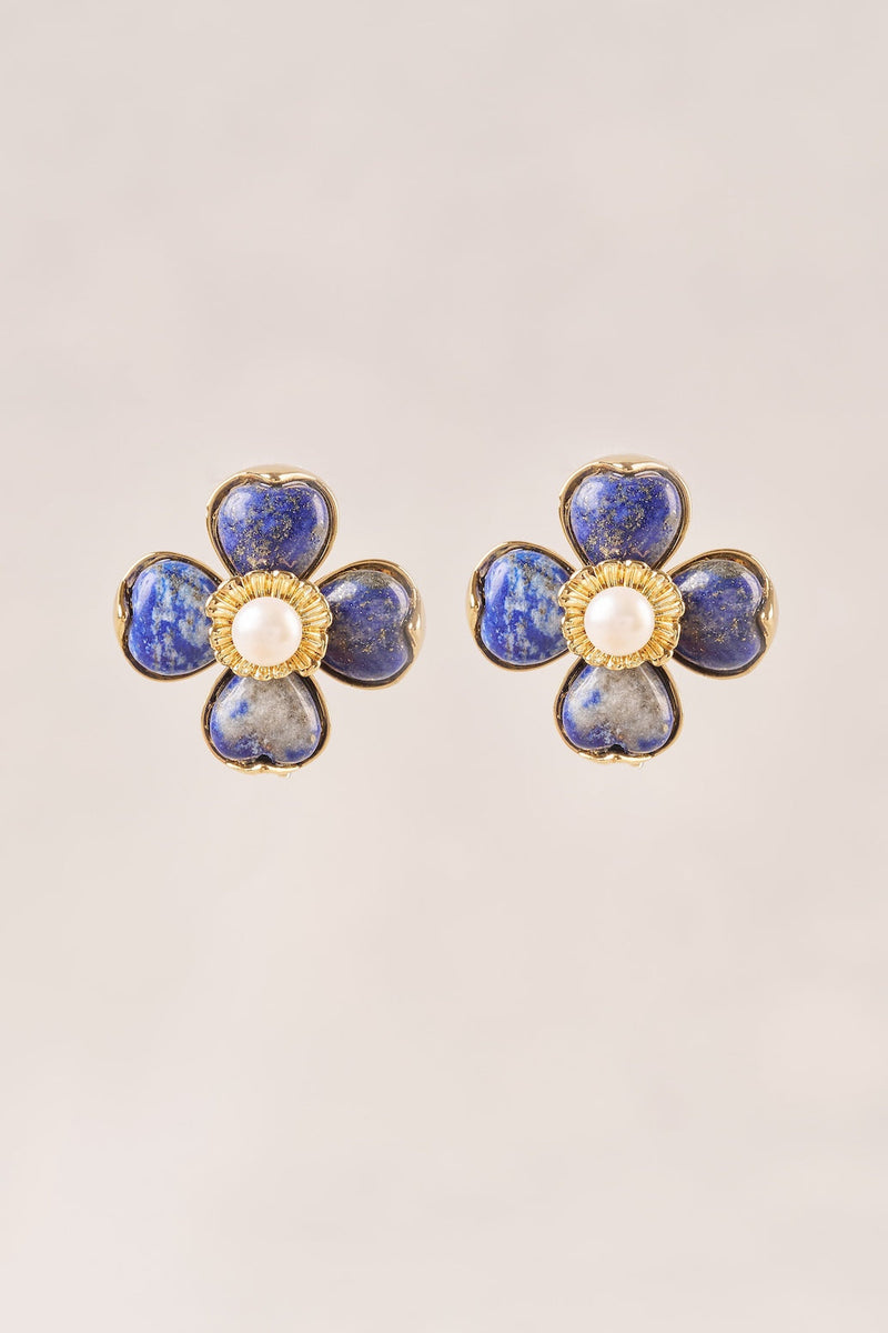 Stone Pearl Flower Earrings - Blue