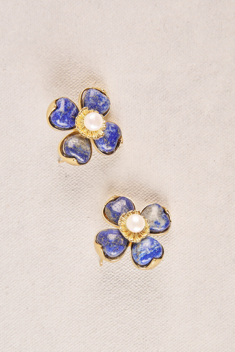 Stone Pearl Flower Earrings - Blue