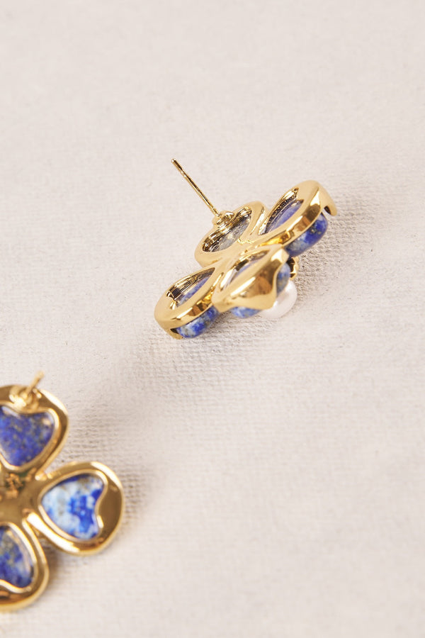 Stone Pearl Flower Earrings - Blue