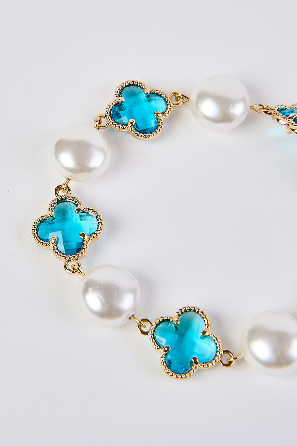 Aqua Clover Pearl Bracelet