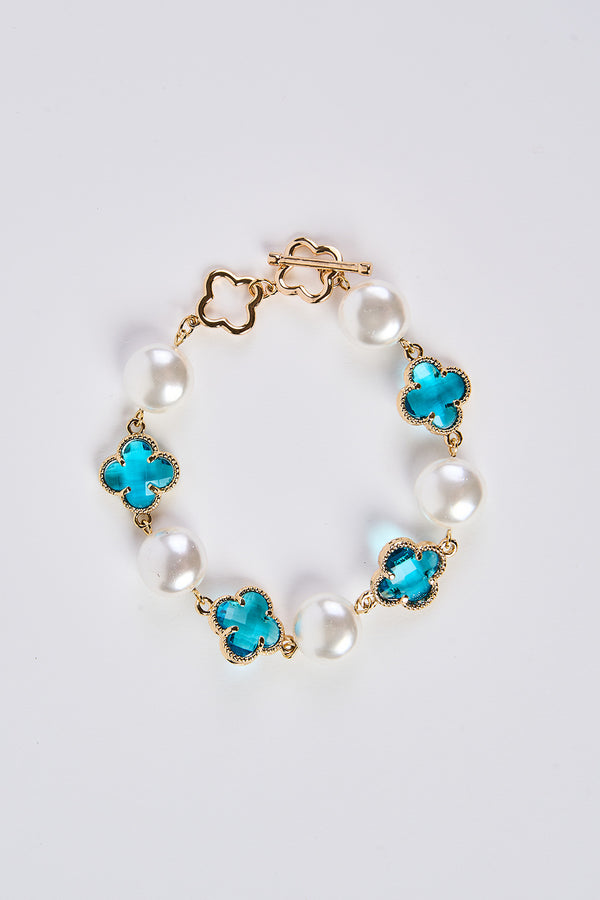 Aqua Clover Pearl Bracelet