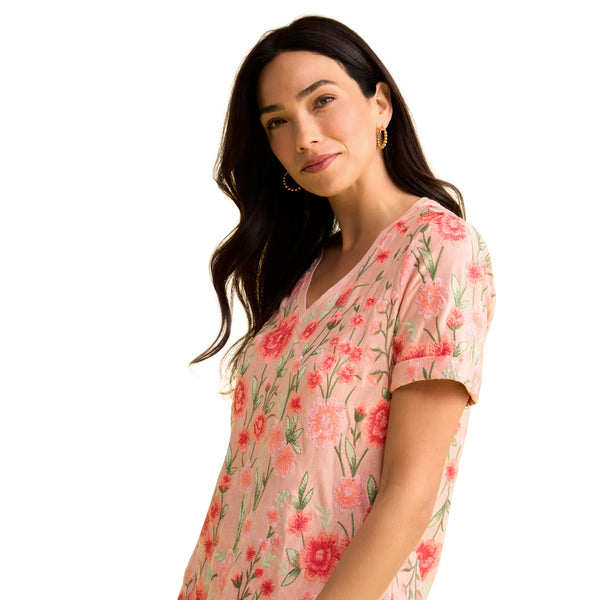 Blue Illusion Apricot Floral Embroidered V Neck T Shirt