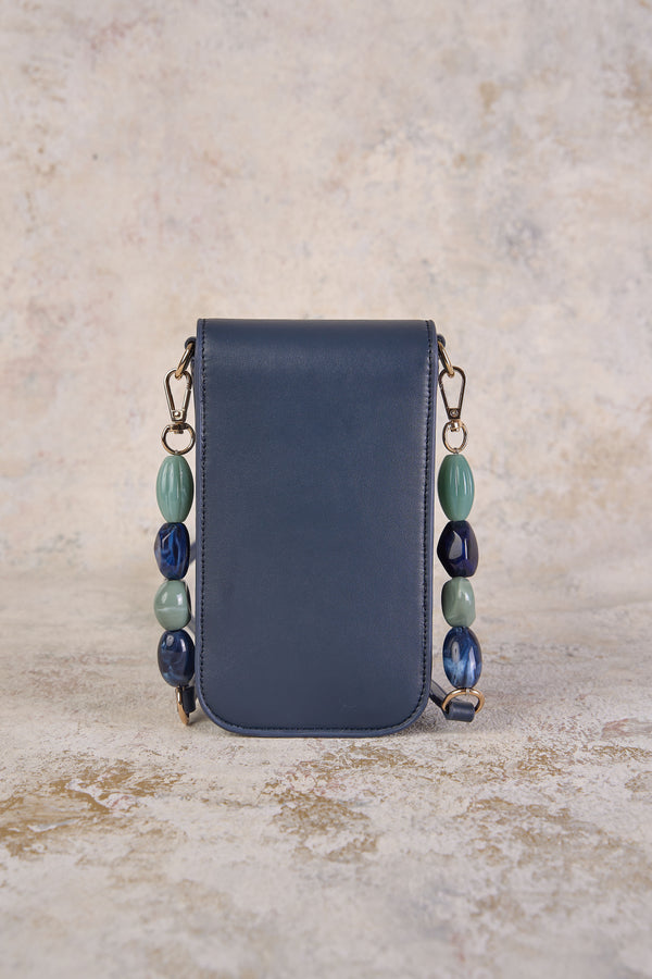 Beaded Leather Phone Bag - Navy