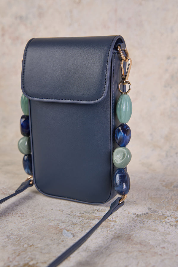 Beaded Leather Phone Bag - Navy