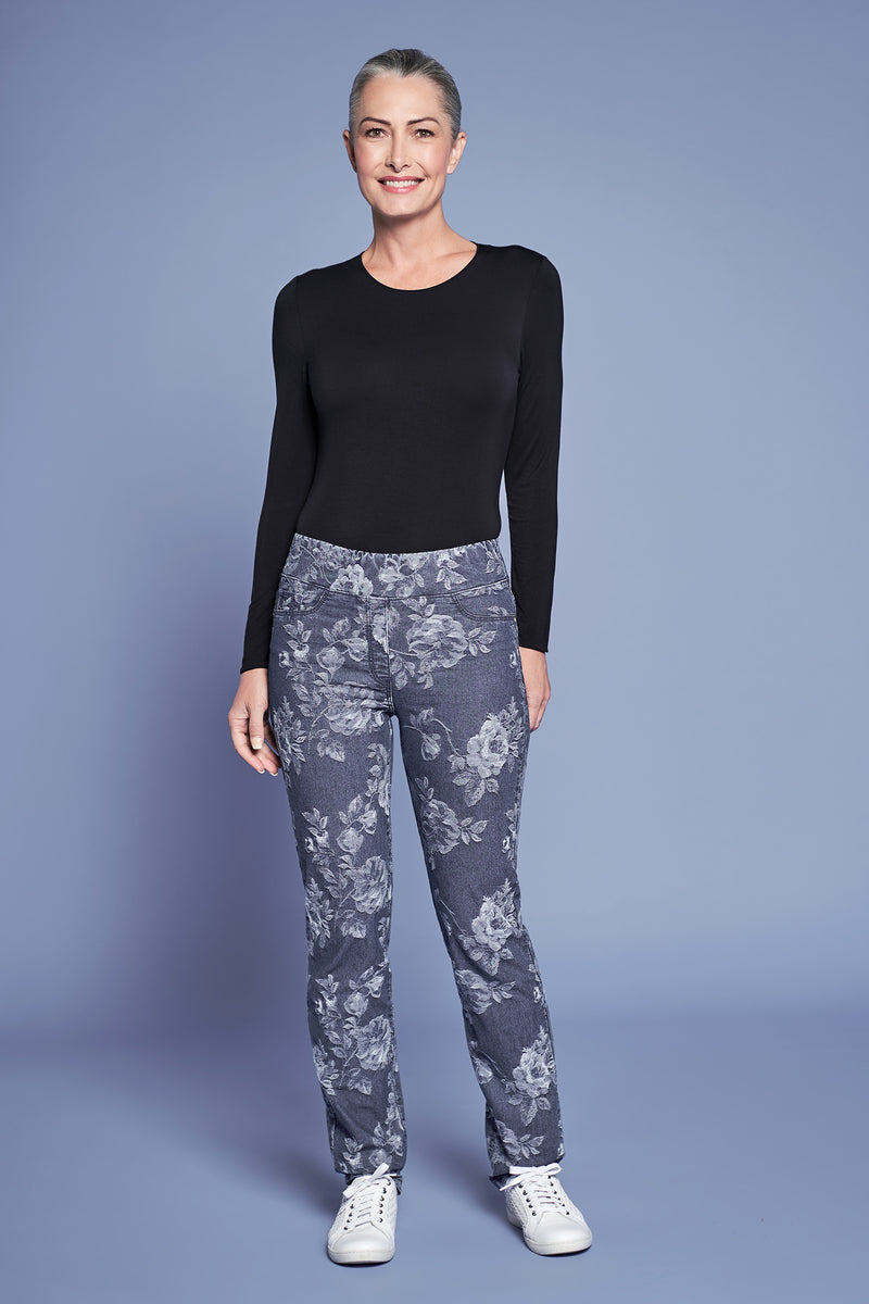 Bengajean Jacquard Full Length Straight Leg - Floral Denim