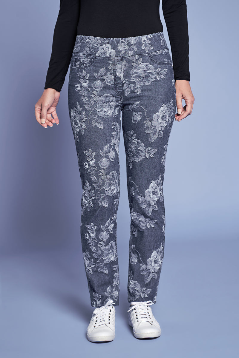 Bengajean Jacquard Full Length Straight Leg - Floral Denim