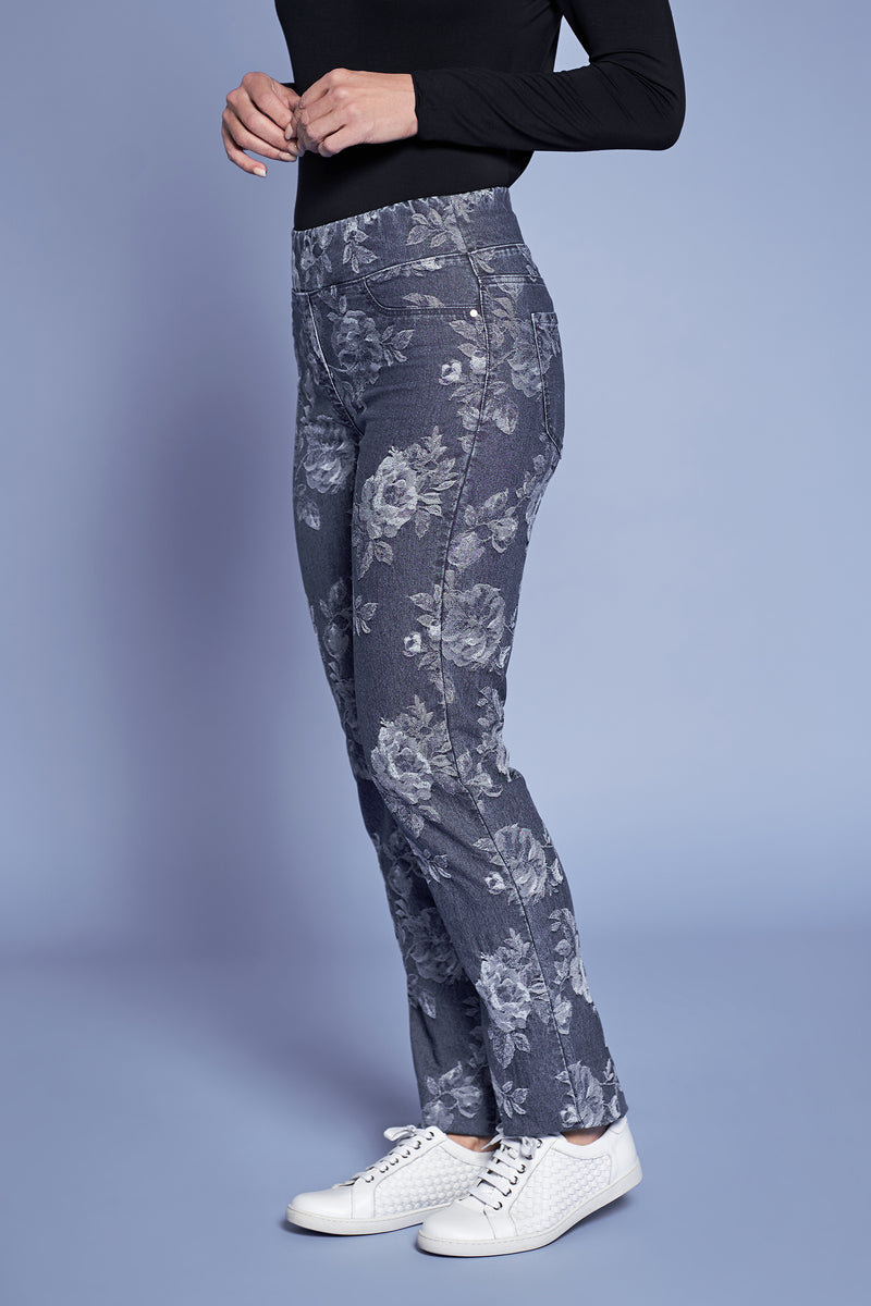 Bengajean Jacquard Full Length Straight Leg - Floral Denim