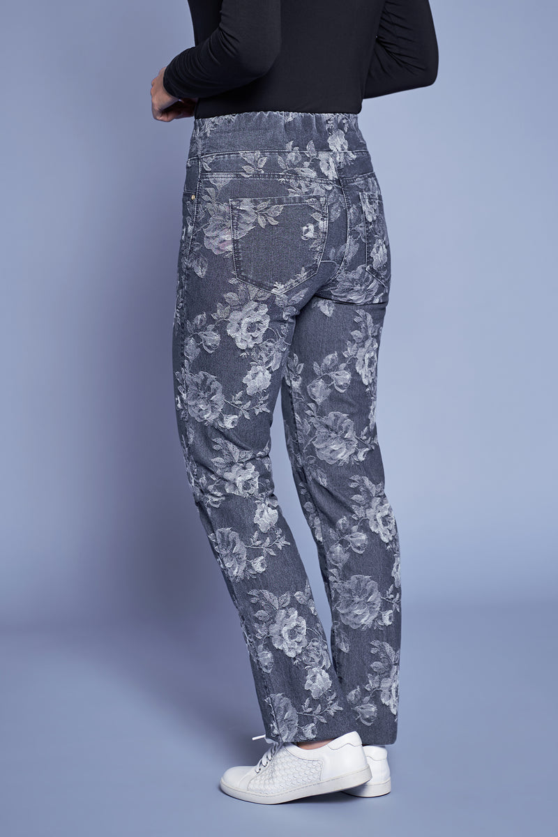 Bengajean Jacquard Full Length Straight Leg - Floral Denim