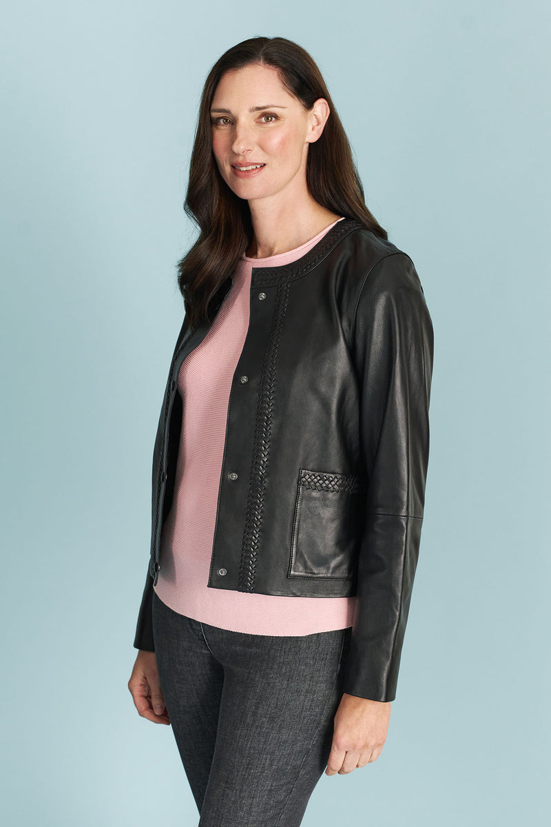 Braid Detail Leather Jacket - Black
