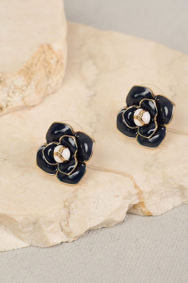 FLORAL STUD EARRINGS - NAVY