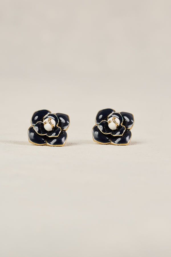 FLORAL STUD EARRINGS - NAVY