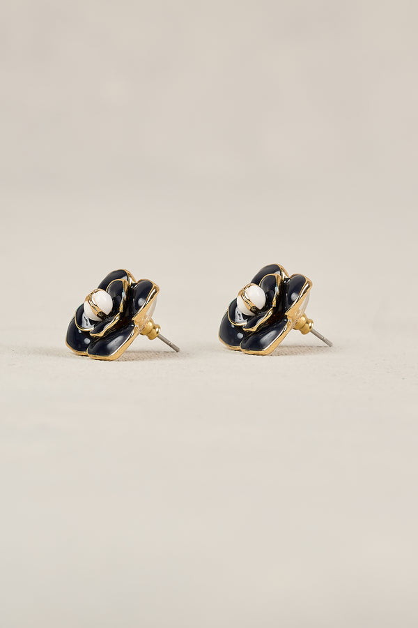 FLORAL STUD EARRINGS - NAVY