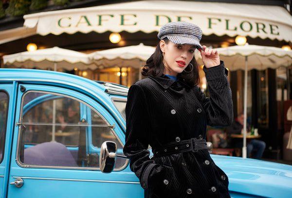 Paris photoshoot, Boulevard Sain-Germain, Quilted Velvet Coat and Baker Boy Hat Title