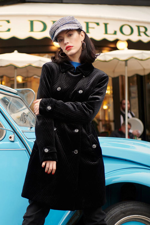 Photograph of a woman in the Quilted Velvet Jacket with vintage car