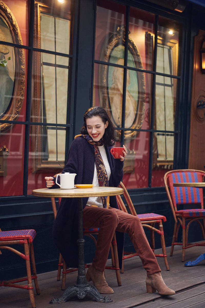 Paris photoshoot, Boulevard Saint-Germain, Mohair Blend Knit Cardigan and Bengajean Cord Skinny Leg