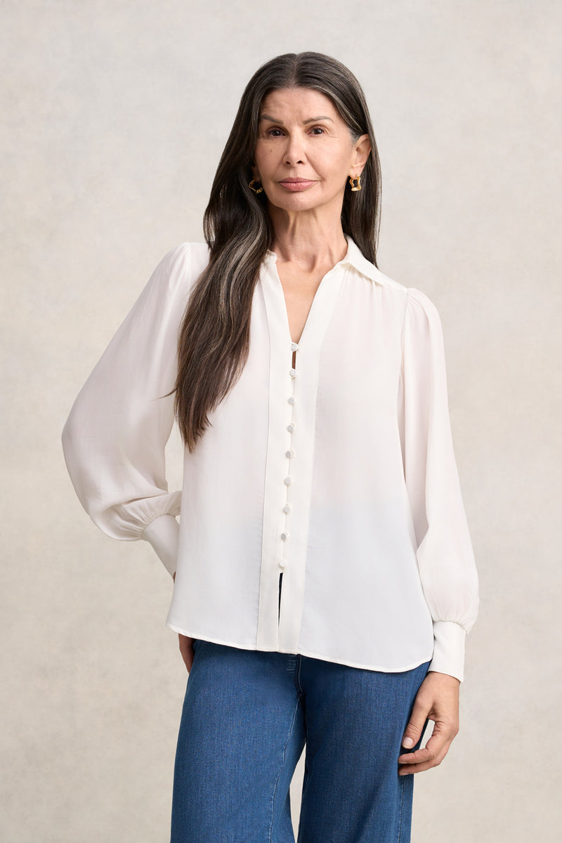 Silk Blend Shirt With Tie - Cream