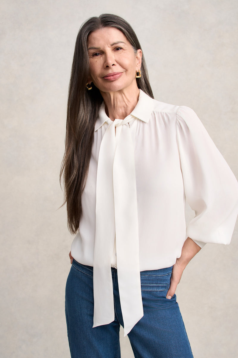 Silk Blend Shirt With Tie - Cream