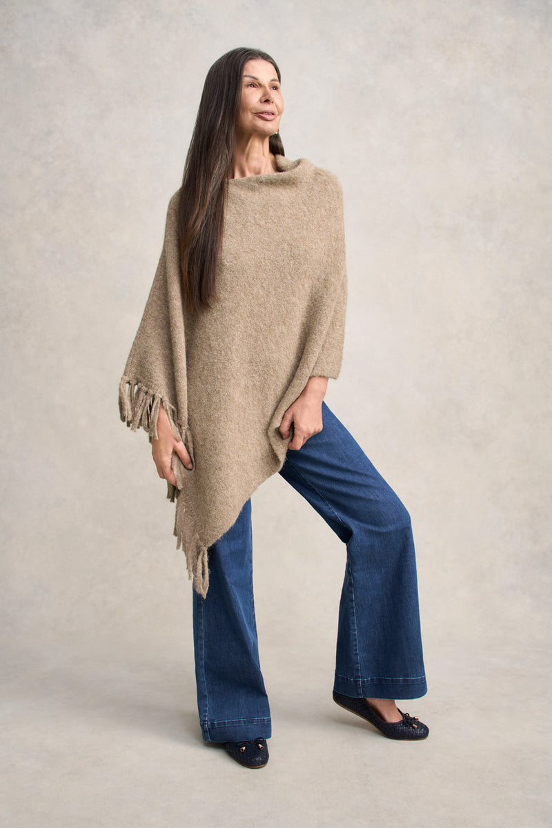 Wool Blend Tassel Trim Poncho - Taupe Marle