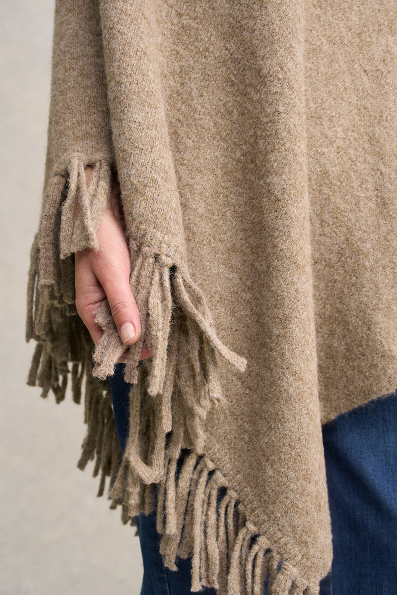 Wool Blend Tassel Trim Poncho - Taupe Marle