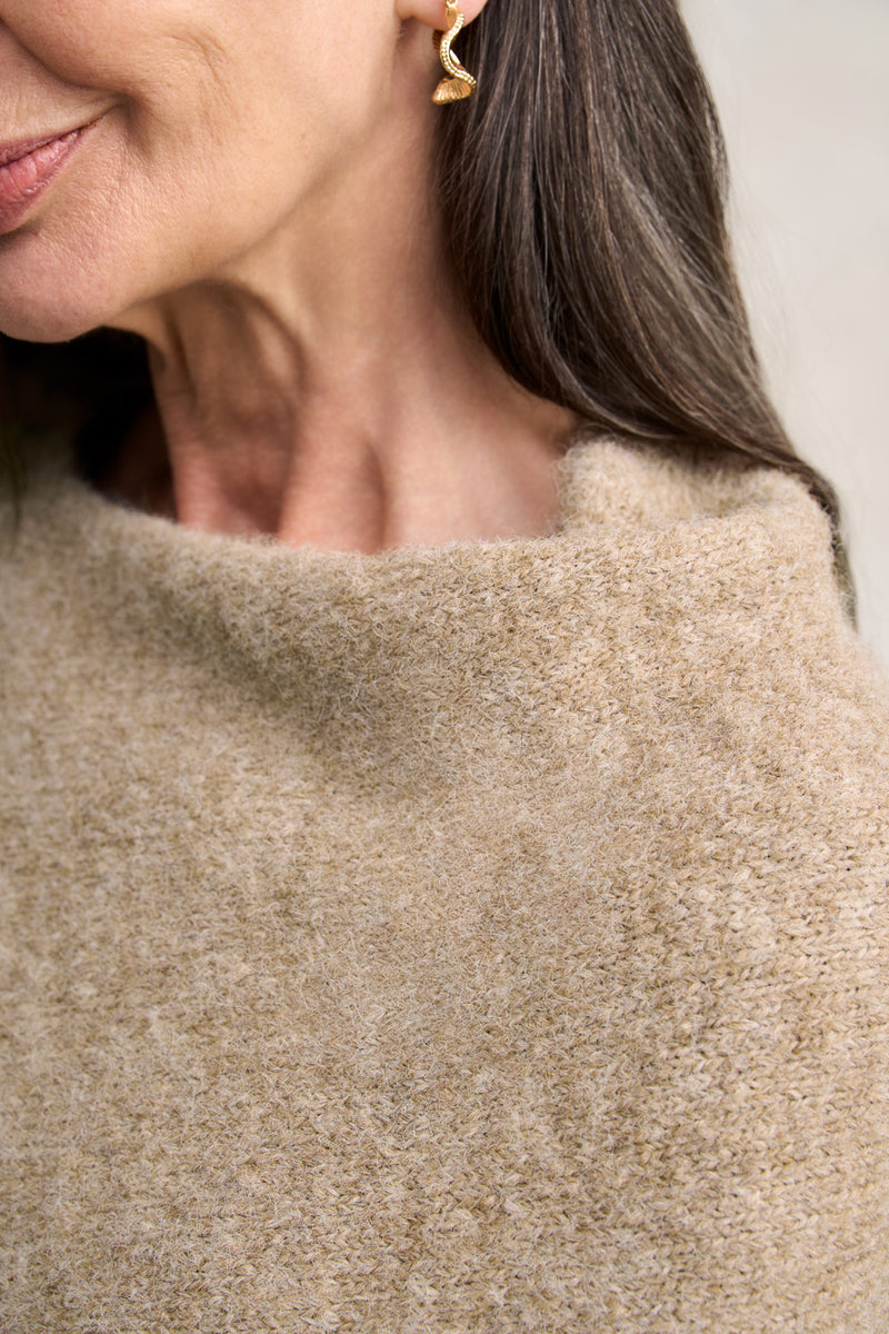 Wool Blend Tassel Trim Poncho - Taupe Marle