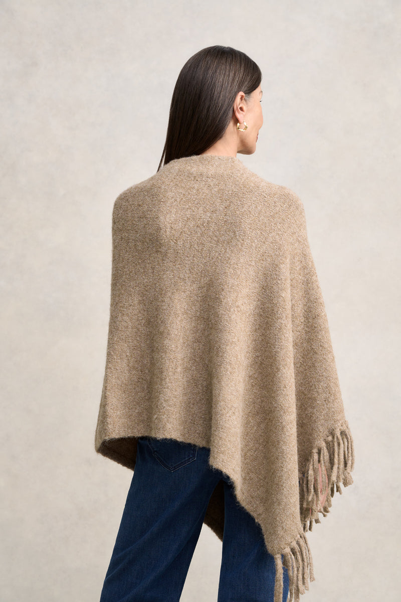 Wool Blend Tassel Trim Poncho - Taupe Marle