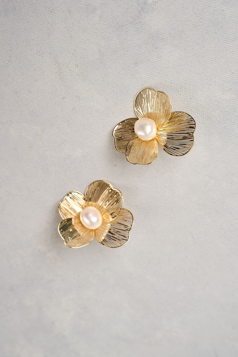 Flower and Pearl Statement Studs - Gold