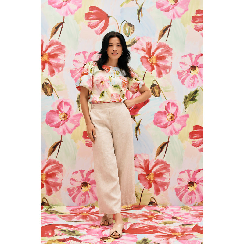 Blue Illusion Floral Cotton Puff Sleeve Blouse and Natural Linen Pants