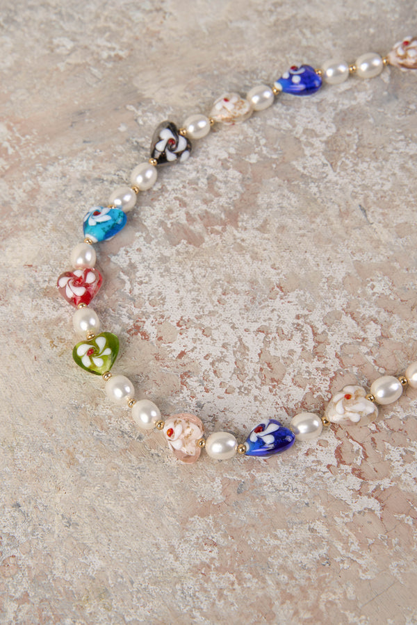 Glass Heart and Pearl Necklace