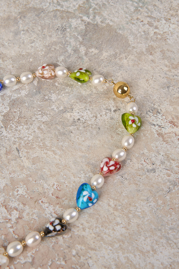 Glass Heart and Pearl Necklace