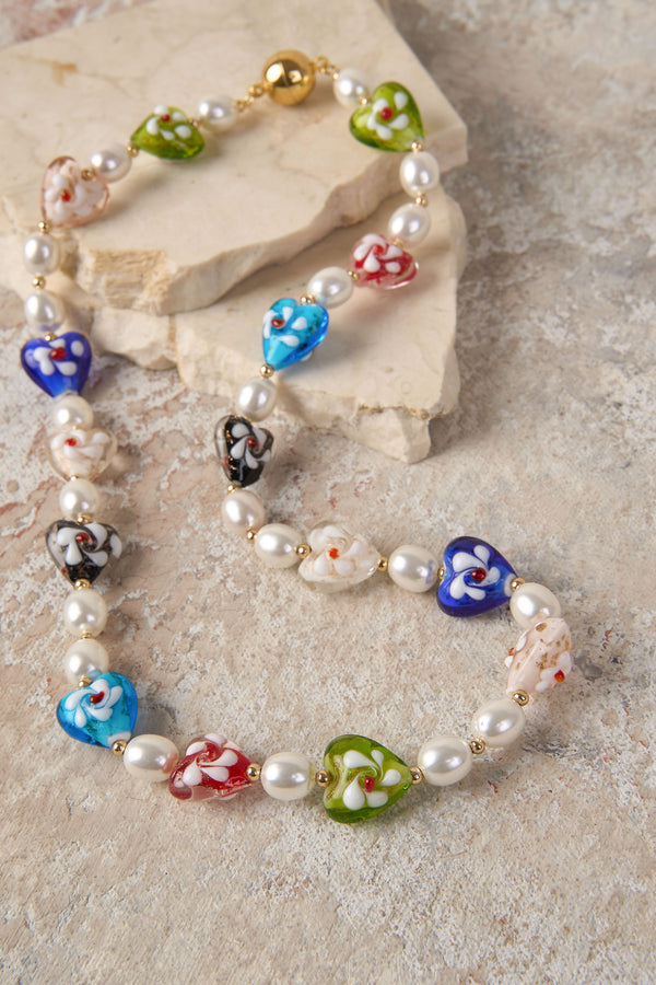 Glass Heart and Pearl Necklace