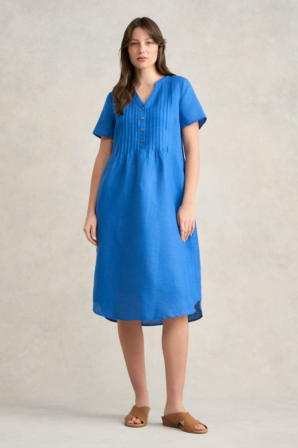 Pleated Front French Linen Dress - Indigo Blue