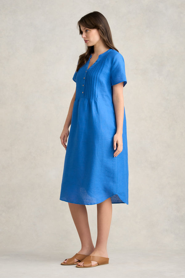 Pleated Front French Linen Dress - Indigo Blue