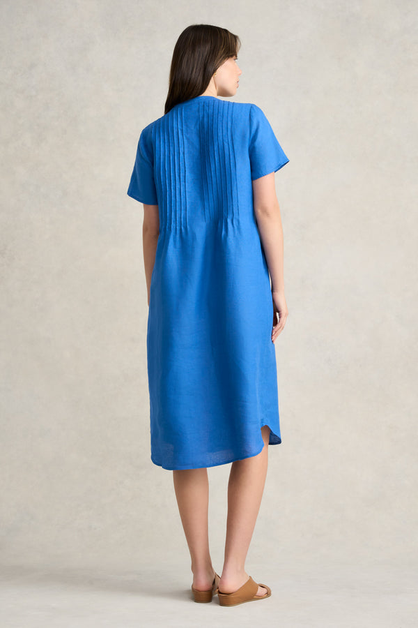 Pleated Front French Linen Dress - Indigo Blue