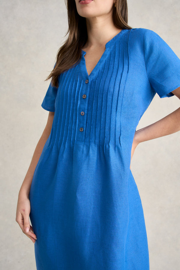 Pleated Front French Linen Dress - Indigo Blue