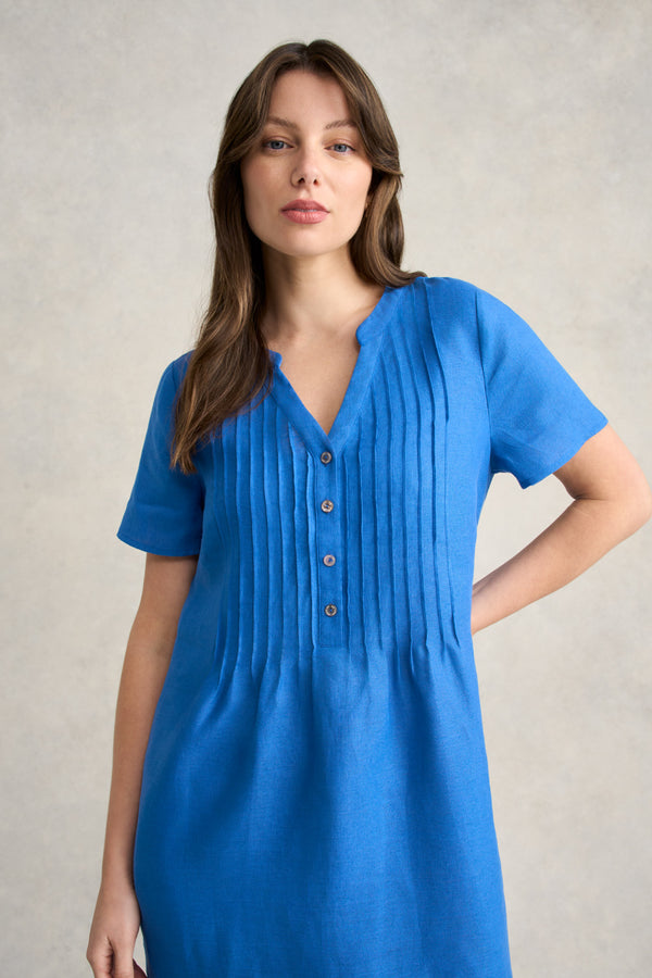 Pleated Front French Linen Dress - Indigo Blue