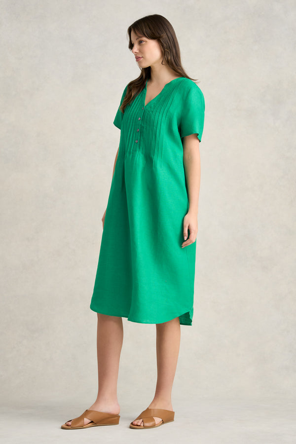 Pleated Front French Linen Dress - Vibrant Green