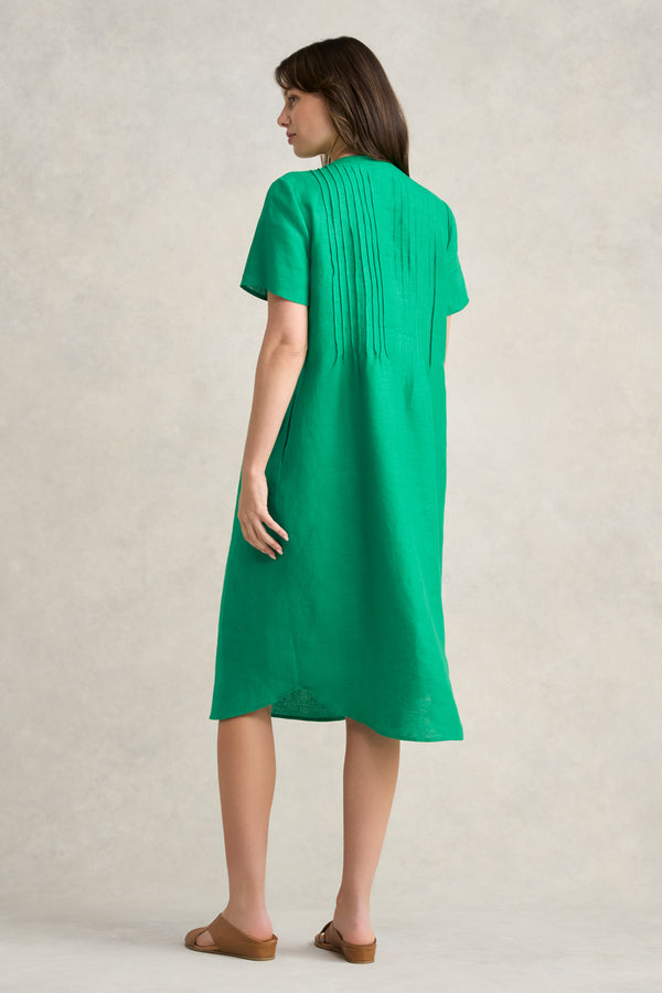 Pleated Front French Linen Dress - Vibrant Green