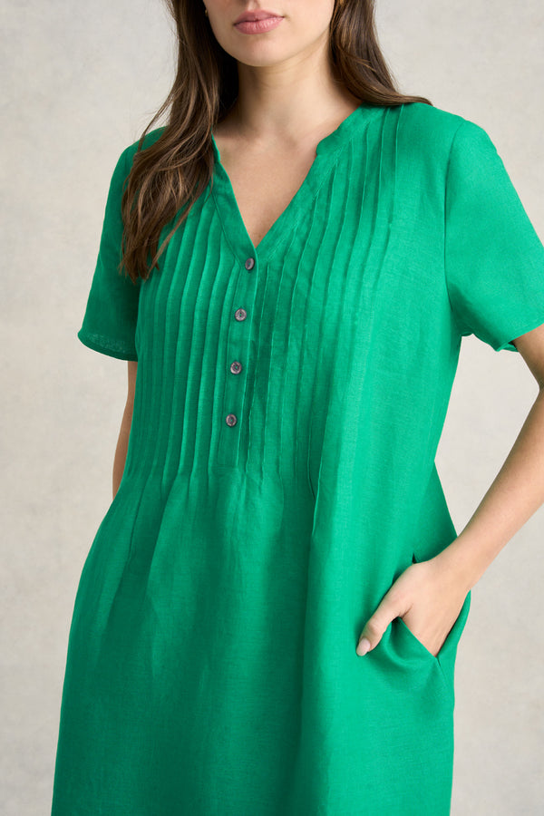 Pleated Front French Linen Dress - Vibrant Green