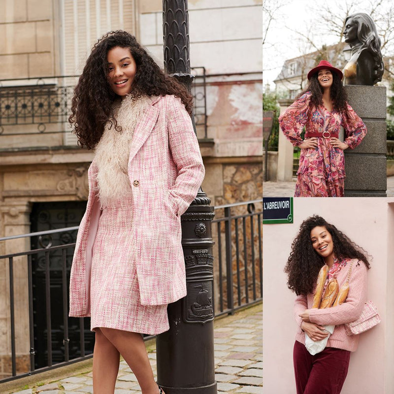 Collage of female models wearing L'Abreuvoir Printed Maxi Dress, Lattice Jacquard Cardigan, Wide Leg Velvet Pant